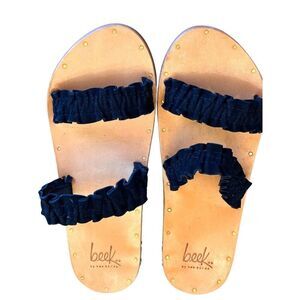 "BEEK Handmade Leather Sandals Size 6 Black Ruffled Straps Floor Sample NWOT"